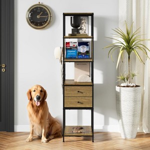 Heynemo Industrial Bookshelf, Standing Display Shelf with 2 Dog Bowls, Metal and Wood Bookshelf, Dog Feeder Station with Shelves - 1 of 4