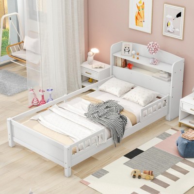 Platform Bed with Storage Shelves LED Light Headboard Guardrail Platform Bed Frame Support No Box Spring Needed White Twin Size