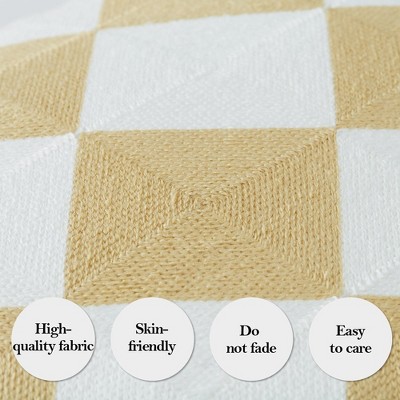 Beige and White Embroidered Checkered 20" Pillow Covers, Set of 2