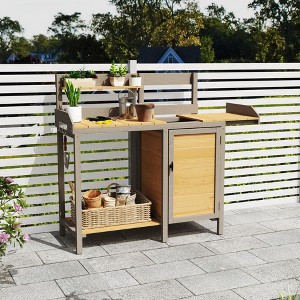 PAGED Potting Bench with Storage Cabinet and Open Shelves,Wood Farmhouse Outdoor Storage Cabinet,Potting Table for Garden,Backyard - 1 of 4