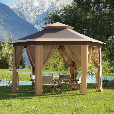 13x13 Pop Up Gazebo Outdoor Hexagonal Canopy Tent with Mosquito Netting Sides Instant Patio Canopy Shelter for Patios, Garden, Parties, Backyard