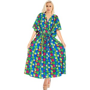 LA LEELA Women's House Daily Routine Evening Wear Vacation Holiday Casual Loungewear Loose Caftan Slit Dress Maxi House Sleep Shirt 2X-3X Blue, Floral - 1 of 4