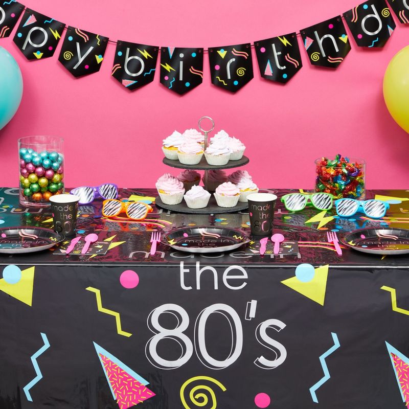 Sparkle and Bash 146-Piece 80s Theme Party Decorations, Paper Plates, Napkins, Cups, Cutlery, Tablecloth, and Happy Birthday Banner, Serves 24 Guests, 2 of 9