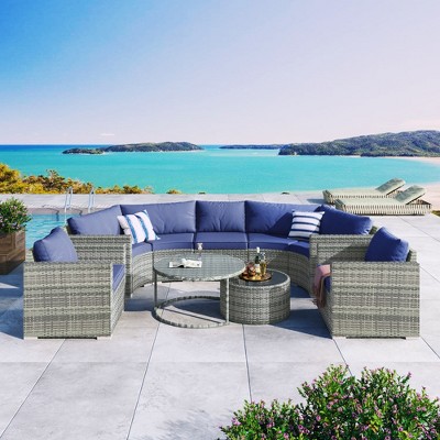FURNIinspire Patio Seating Sets 9-Pieces Outdoor Half-moon Patio Sofa Set, Round Sofa Set, Modern Patio Sofa and Coffee Table, Blue, 121“*27”*26“