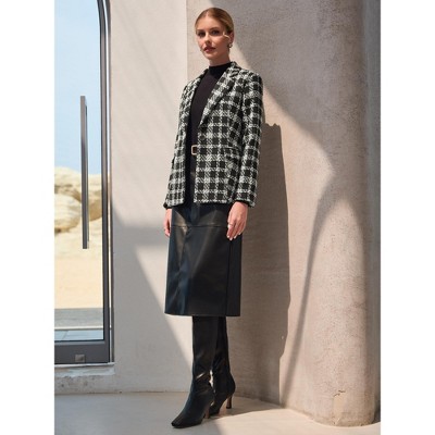 INSPIRE CHIC Women's Plaid Tweed Notched Lapel Long Sleeve One Button Suit Blazer Black Small — фото 3