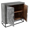 The Urban Port 39" Cabinet with 2 Doors Medallion Engraved Sandblasted Black Iron Framed Stand Gray/Black - 4 of 4
