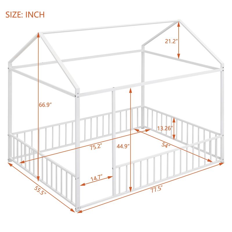 Twin/Full Size Metal Bed House Bed Frame with Fence, Floor Bed for Kids, Teens - ModernLuxe, 3 of 9