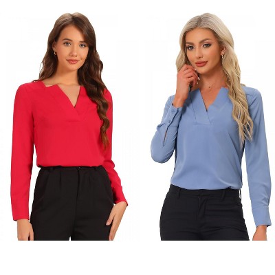 INSPIRE CHIC Women's Elegant Long Sleeve V Neck Work Office Blouse 2 Packs