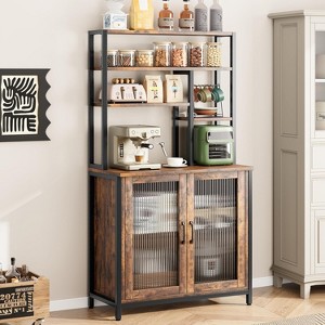 Bakers Rack with Cabinet, 5 Tier Microwave Stand 63.78", Baker Rack with Fluted Door Large Kitchen Oven Stand Tall Bar Cabinet, Retro Brown - 1 of 4