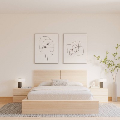Light Brown Wood Queen Platform Bed with Nightstands