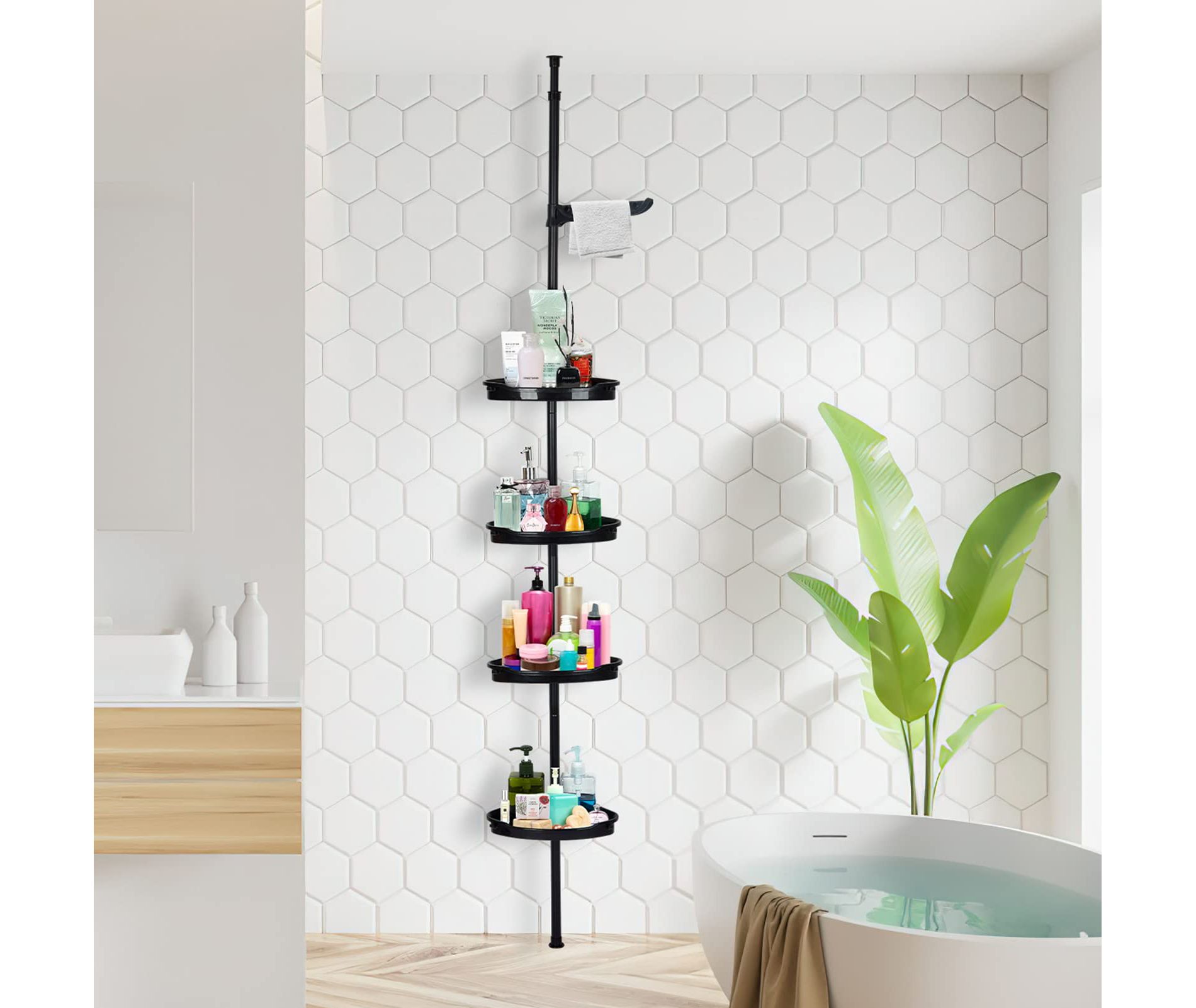 Rust-Resistant Corner Shower Caddy for Bathroom, 4 Adjustable Shelves with Tension Pole, for Bath and Shower Storage, up to 123 Inch, Black