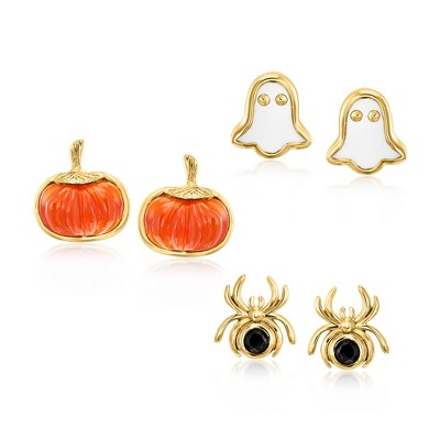 Ross-Simons Mother-Of-Pearl, Carnelian and .20 ct. t.w. Black Spinel Jewelry Set: 3 Pairs Of Halloween Earrings in 18kt Gold Over Sterling