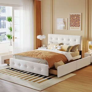 CAVINAS Queen Size Linen Fabric Storage Bed Modern Wooden Bed Frame with 4 Drawers and Headboard for Bedroom - 1 of 4