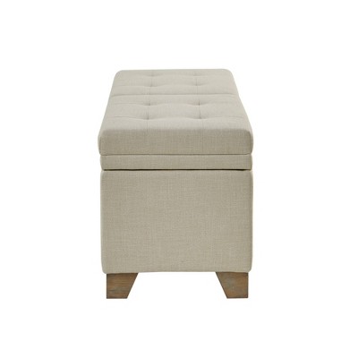 Beige Upholstered Storage Bench with Natural Wood Legs