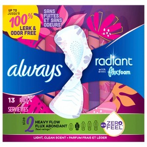 Always Radiant Feminine Pads for Women, Size 2 Heavy, with Wings, Scented, 13 CT - 1 of 4