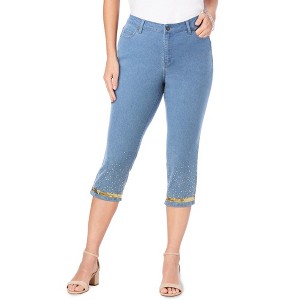 Roaman's Women's Plus Size Sequin Trim Straight Leg Capri Jean - 1 of 4