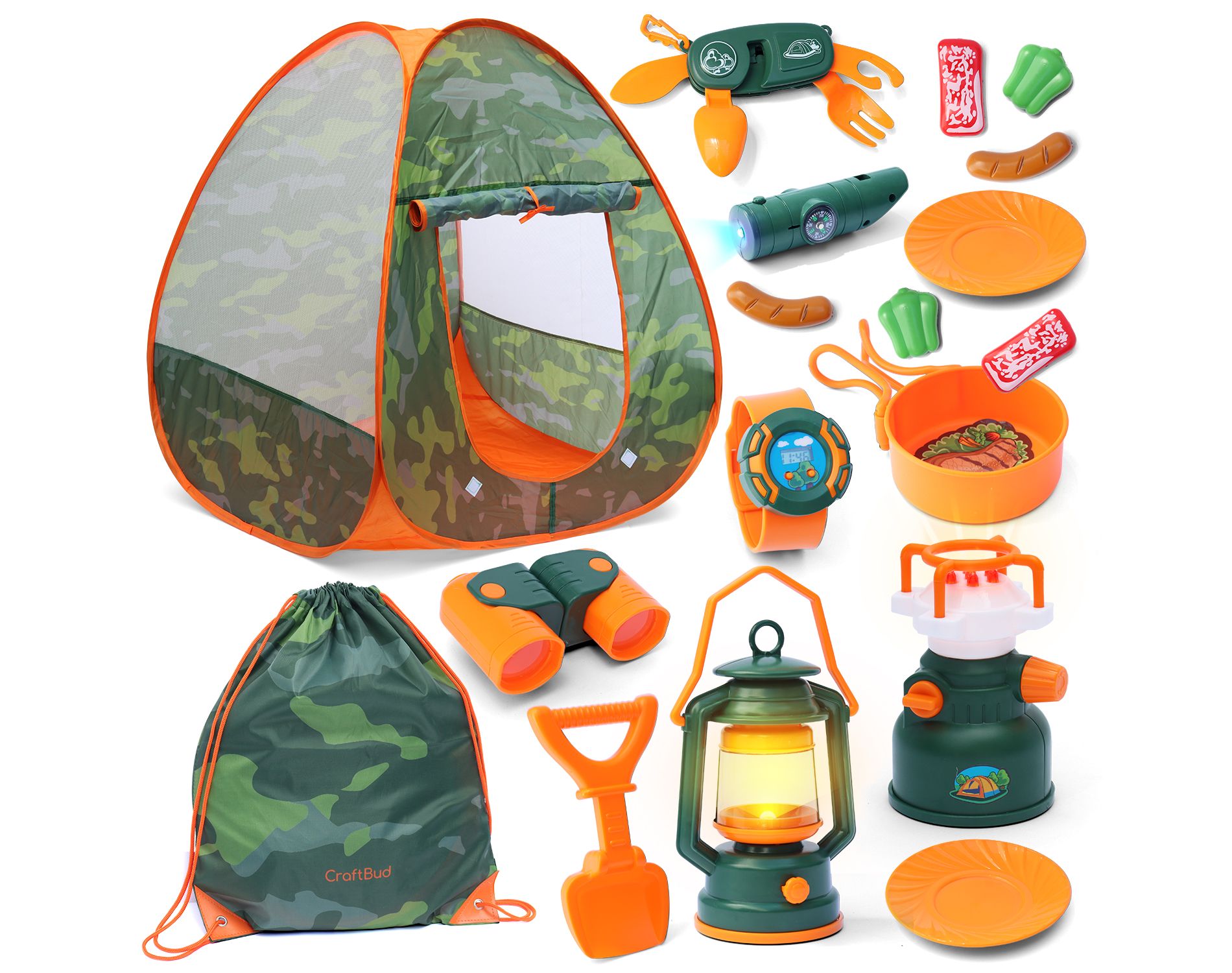 Hearth & Harbor Kids Camping Play Set - 17PC Kids Camping Set with Pop Up Tent, Campfire & Camping Toys - Kids Adventure Kit for Christmas