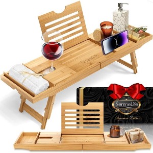 SereneLife Natural Bamboo Bathtub Caddy - Adjustable Shower Tub Tray with Device Holder and Wine Glass Slot (SLBCAD50.5) - 1 of 4