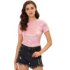 Allegra K Women's Party Metallic Short Sleeve Textured Shiny T-shirts - 1 of 4