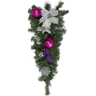 Northlight 24" Pre-Decorated Pink Ball Ornament and Poinsettia Artificial Christmas Teardrop Swag, Unlit