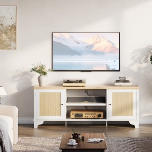 Modern Rattan TV Stand for TVs Up to 70", 61'' Entertainment Center with Cabinet & Open Shelves, Wooden Media Console Table - 1 of 4