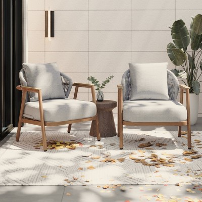 Set of 2 Outdoor Rope Lounge Chairs,Cushioned Patio Club Chairs with Gray Frame and Plastic Wood Armrests–Maison Boucle