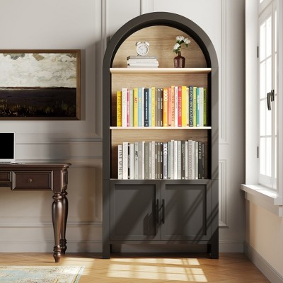 TIRAMISUBEST 66.70 inch Tall Arched Bookcase with Storage,3-Tier Mid-Century Modern Cabinet with Door