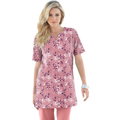 Roaman's Women's Plus Size Print Notch Neck Soft Knit Tunic