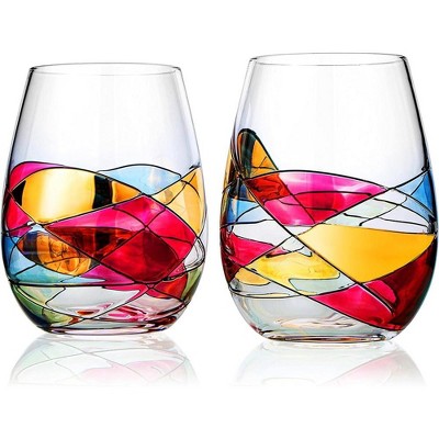 The Wine Savant Hand Painted Renaissance Flow Design Drinking Glasses, Beautiful Stained-Glass Pattern, Unique & Stylish Home Decor - 2 pk