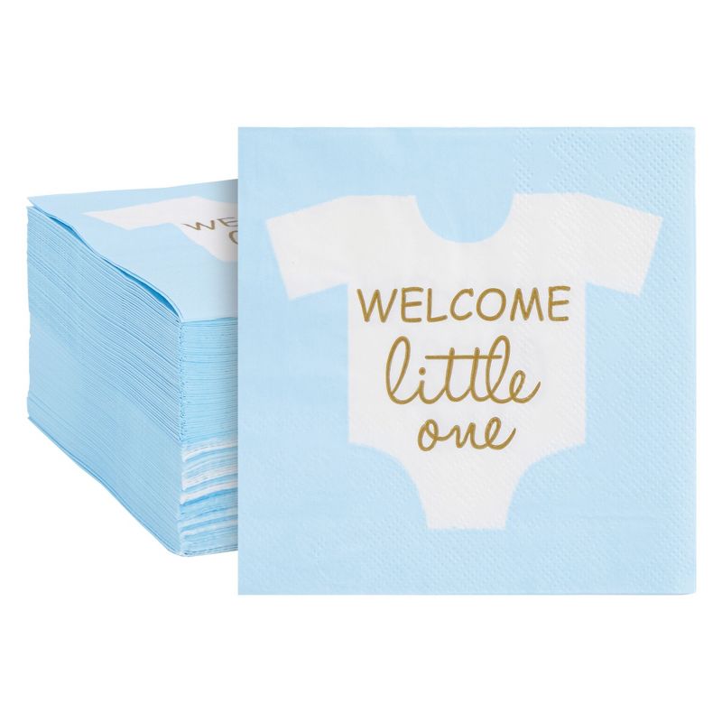 Blue Panda 100-Pack Baby Shower Napkins for Boy - "Welcome Little One" Baby Boy Party Decorations (Light Blue, 5x5 In), 1 of 7