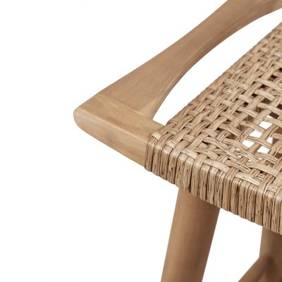 Light Brown Acacia Wood and Wicker Outdoor Bar Stools, Set of 4