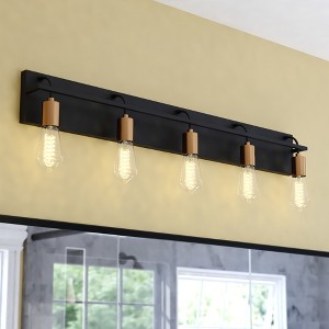 VAXCEL Seward Park 5 Light Black and Satin Gold Brass Industrial Bathroom Vanity Fixture with Full Backplate - 1 of 4