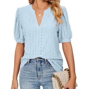 Women's Summer T-Shirt Casual V-Neck Hollow Out Puff Short Sleeve Top - 1 of 4