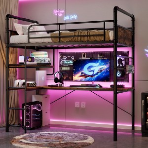 Coucheta Loft Bed Twin Size with l-Shaped Desk, Metal Bunk Bed with 2 Open Shelves & Decorative Mesh, Twin Loft Bed with 13.4" h Safety Guard & Ladde - 1 of 4