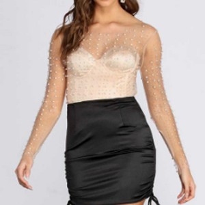 Women's Elegant Pearl & Rhinestone Sheer Top - Slim Fit Long Sleeve Layering Blouse Cherie Code - 1 of 4