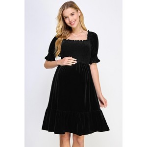 Hello Miz Women's Velvet Empire Waist Puff Sleeve Smocked Neck Maternity Dress - 1 of 4