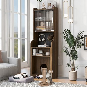 YOOCOZZ Multi-use Cabinet With Cat Scratcher Bed,Side Cabinet with Extendable table,Mid-Century Modern Style-Walnut - 1 of 4