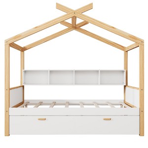 Gulches Full Size Wooden House Bed with Twin Trundle & Built-in Bookshelf, White & Natural Wood Frame, Kids/Guest Room Bed, Easy Assembly - 1 of 4