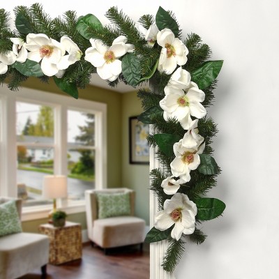 6 ft Green Spruce Garland with White Magnolia Flowers