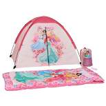 Exxel Outdoors Disney Kids 4 Piece Princess Camping Kit with Floorless Dome Tent, Youth Sized Sleeping Bag, Backpack, and LED Flashlight