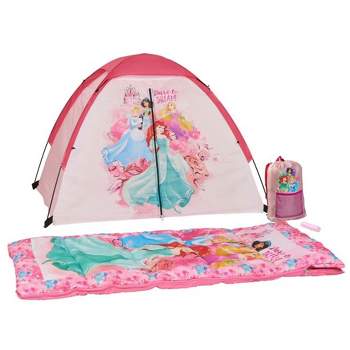 Exxel Outdoors Disney Kids 4 Piece Princess Camping Kit with Floorless Dome Tent, Youth Sized Sleeping Bag, Backpack, and LED Flashlight