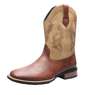 Santimon Retro Square Toe Men's Western Cowboy Boots, Dress Formal Mid Calf Boots for Men Brown