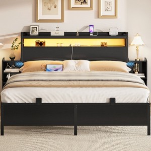 Aheaplus Full Bookcase Bed with Storage Slide Bedside Shelf and Charging Station & LED Light - 1 of 4