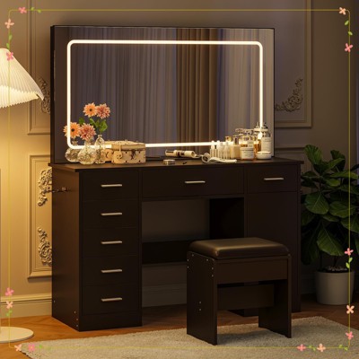 Vanity Desk with Large Mirror and Lights, Makeup Vanity with Charging Station