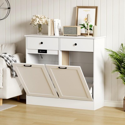 Double Tilt Out Trash Cabinet 20 Gallon,Hidden Wooden Trash Can Cabinet with Deodorizing Function
