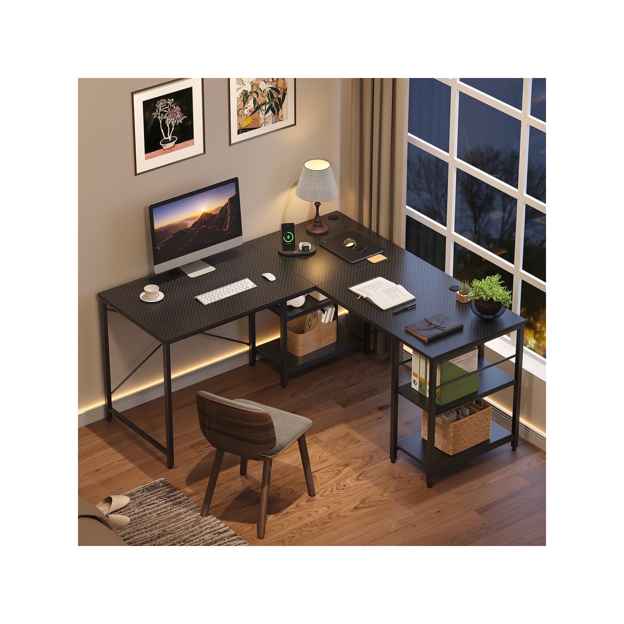Bestier 59" L Shaped Gaming Desk with 4 Tier Adjustable Shelves,Reversible Corner Computer Desk,95" Double Desk for 2 Person Home Office, Black Carbon
