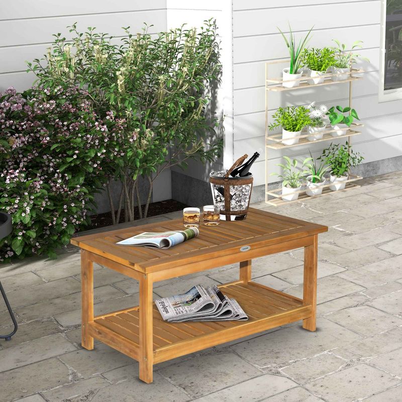 Outsunny 36" Outdoor Coffee Table 2-Shelf Acacia Wood Rectangular Buffet Storage Organizer Natural Finish Teak Patio, Deck, Lawn, Garden, 3 of 9