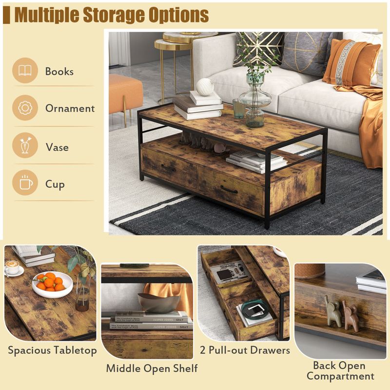 Tangkula Coffee Table w/ Storage Drawers & Shelf Rectangular Industrial Home Tea Table Heavy-duty Metal Frame Center Cocktail Table, 5 of 8