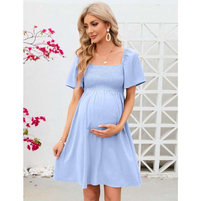 Summer Maternity Dress Women Smocked Square Neck Puff Sleeve Off Shoulder Dress, 3 of 8