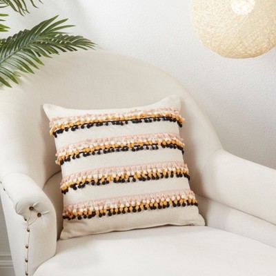 Multicolor Pom Pom Applique Square Throw Pillow